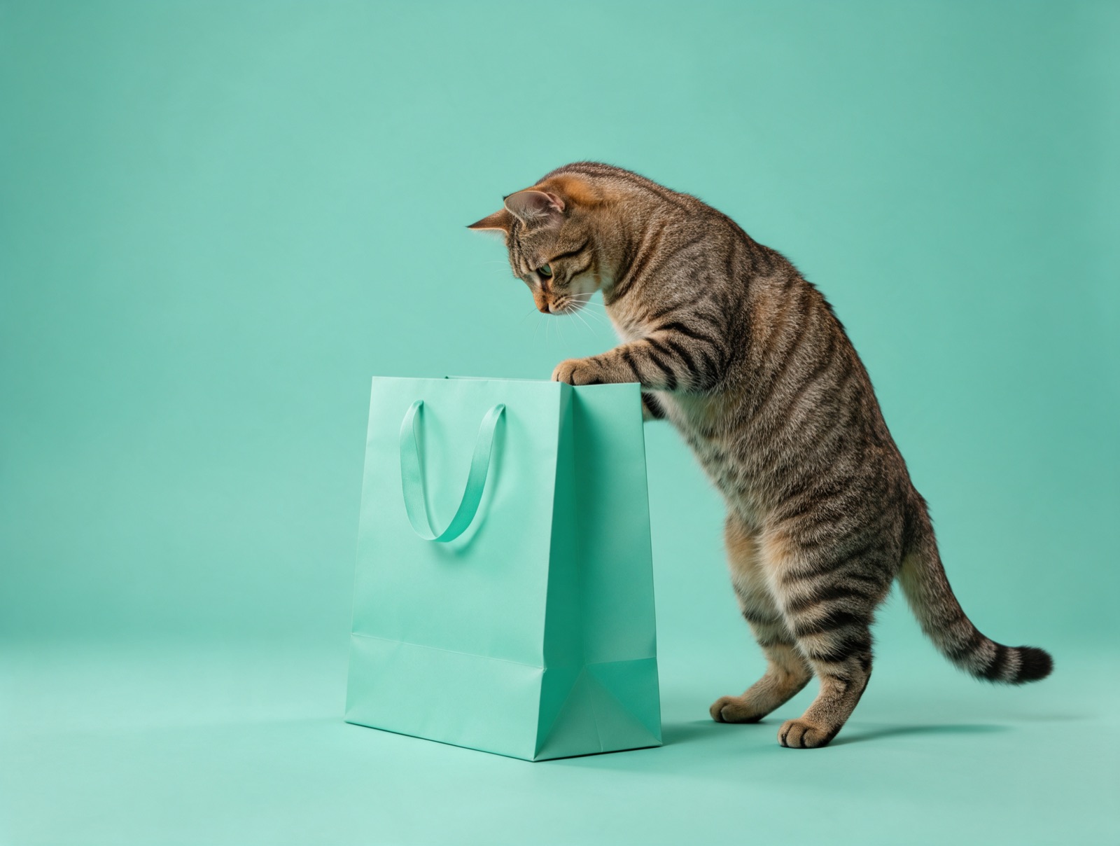 Gato atigrado explorando una bolsa